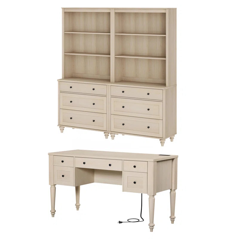 2 Piece Office Set, 56" Executive Desk & Set of 2 Bookcases with Drawers, Beige