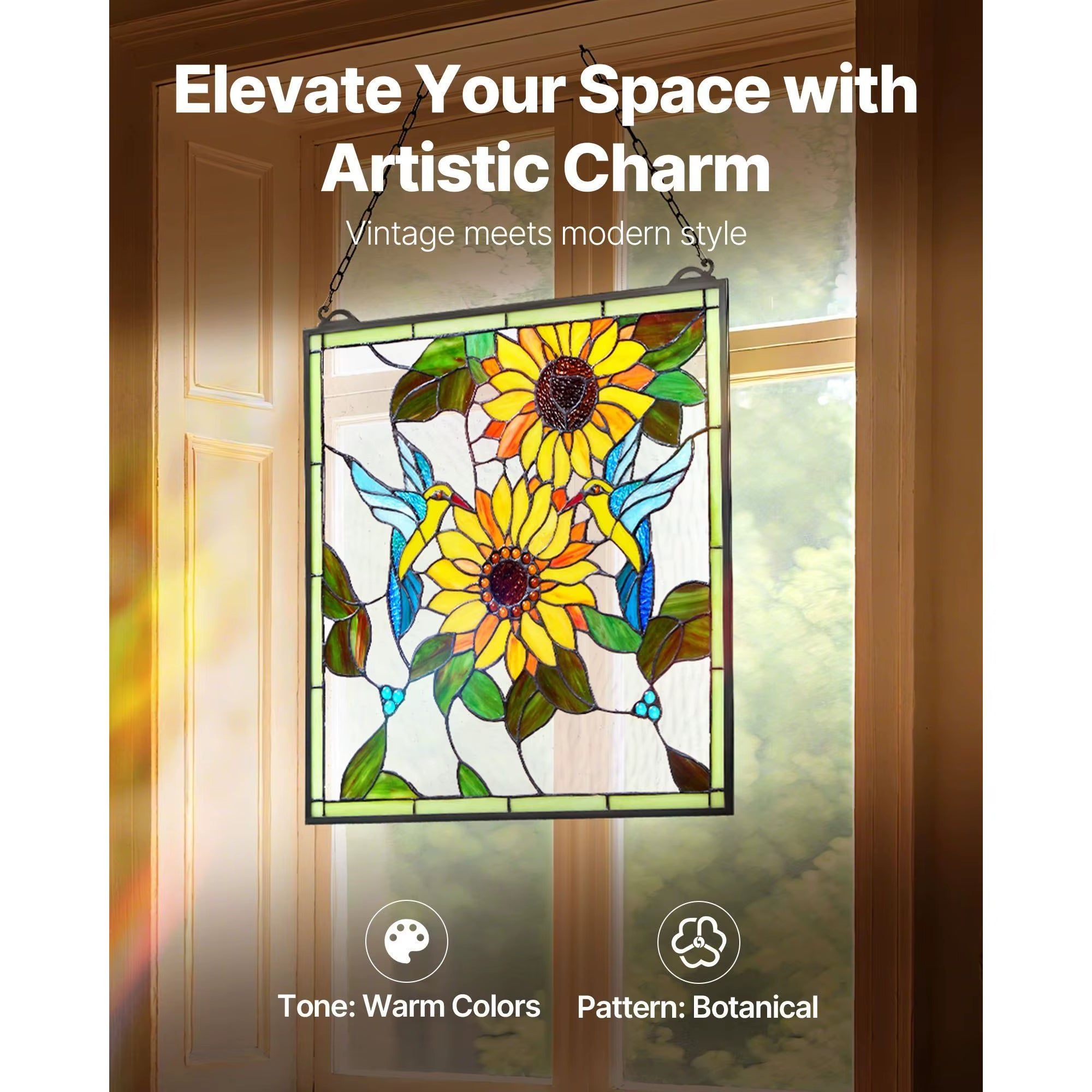 For Style 20 X 20 Inches Stained Glass Hanging Window Panel with Chain Elegant Home Decor
