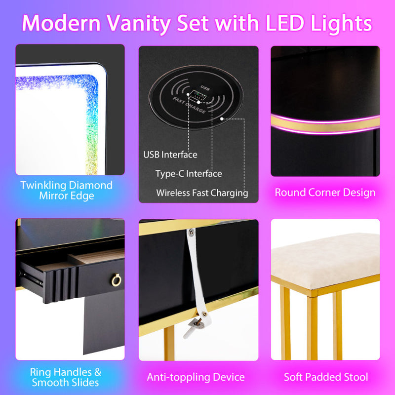 Vanity Table Set with RGB LED Lights and Wireless Charging Station