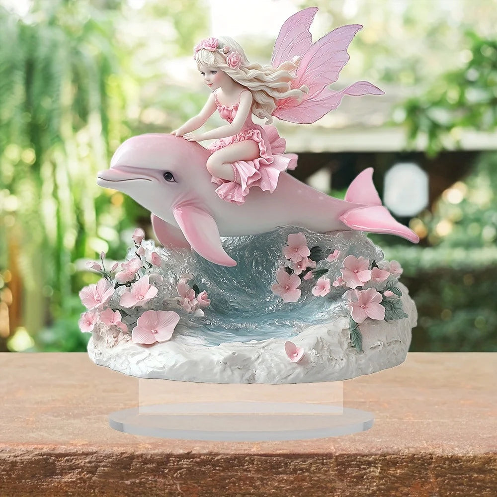 Pink Winged Fairy with Dolphin Statue Figurine Table Decor 2D Acrylic Plaque Whimsical Pink Fairy Figurines Bohe Home Decor Fairy Statues Tabletop Centerpiece Signs for Table Shelf Mantel Decorations