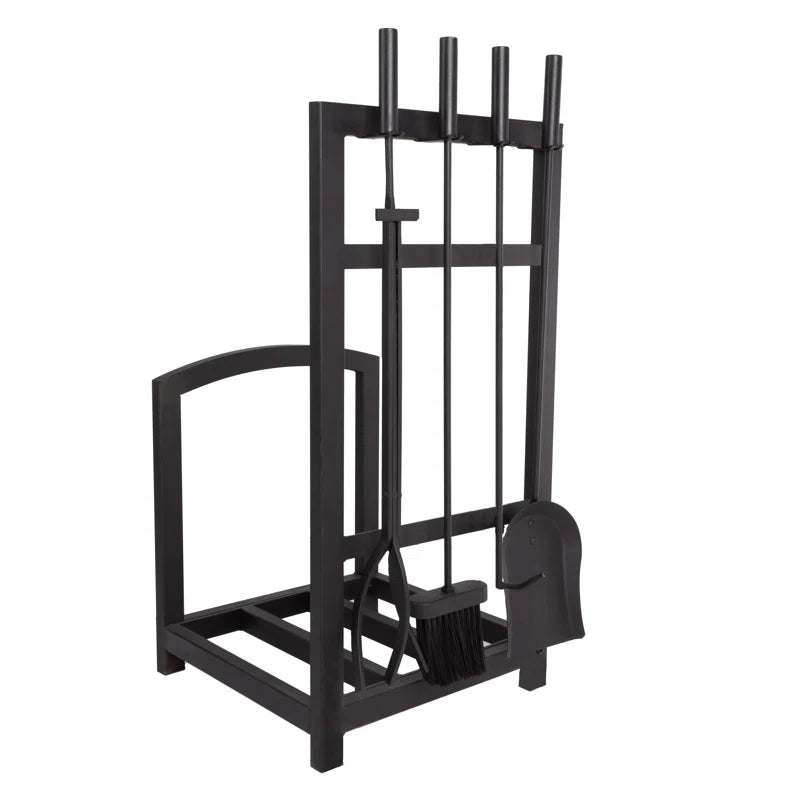 Jivin 5-Piece Fireplace Tool Set and Log Rack - Mission-Style Firewood Holder with Shovel, Broom, Tongs, and Poker for Hearth