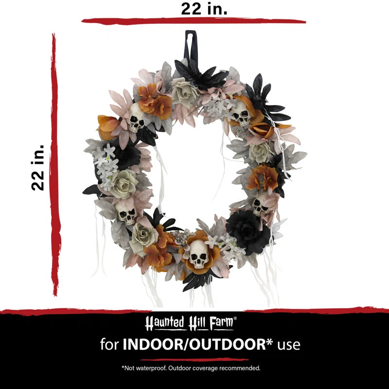 22-In. Gothic Skull Wreath with Multicolor Flowers, Indoor or Covered Outdoor