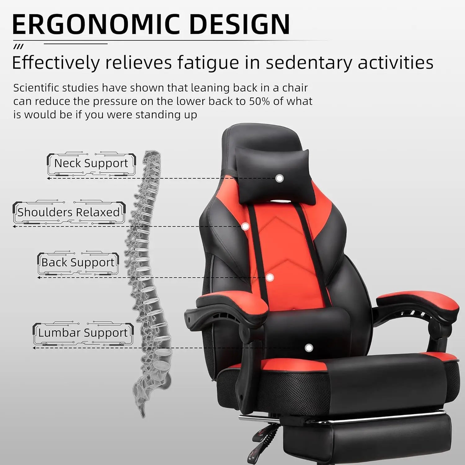 Gaming Chair with Footrest, Massage Lumbar Support, Ergonomic Design for Home Office and Racing