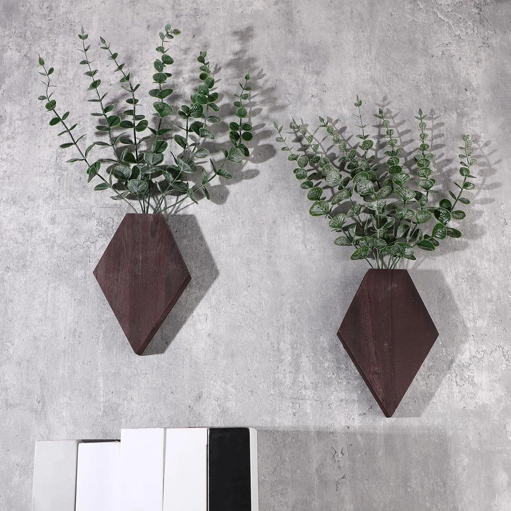 2 Pcs Wooden Wall Planter Decor Hanging Fake Plants Greenery Flowers Holder Vase Boxes for Wall Bohemian Farmhouse Room Kitchen Office Indoor Decoration(Brown,7.1 X 4.7 X 1.2 Inches)