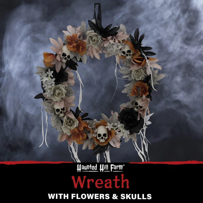 22-In. Gothic Skull Wreath with Multicolor Flowers, Indoor or Covered Outdoor