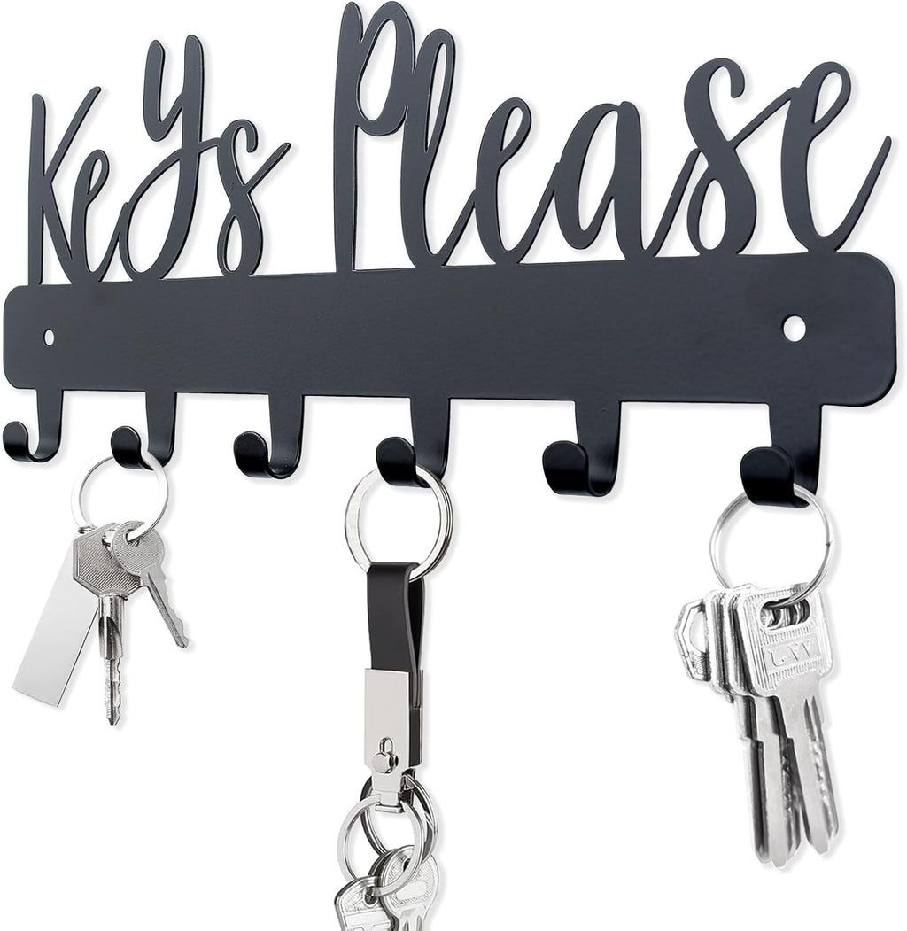 Keys Please Holder on Wall,Key Holder Wall Mounted,Black Metal Decorative Key Rack Hooks for Garage, Mudroom, Hallway,Entryway,Front Door,Office (Normal Size:11X4.57Inches)
