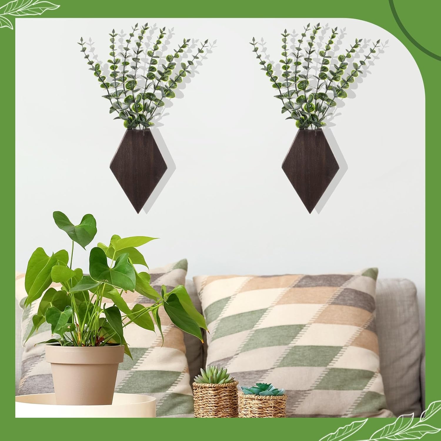 2 Pcs Wooden Wall Planter Decor Hanging Fake Plants Greenery Flowers Holder Vase Boxes for Wall Bohemian Farmhouse Room Kitchen Office Indoor Decoration(Brown,7.1 X 4.7 X 1.2 Inches)