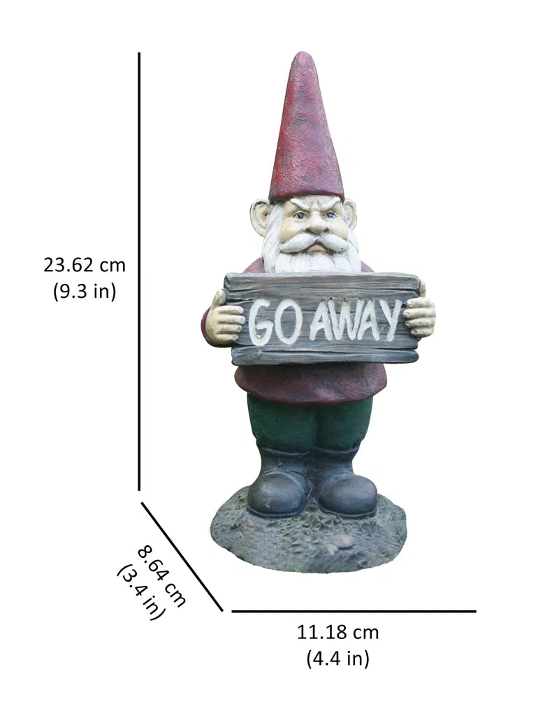 Gnome Holds Go Away Sign Statue
