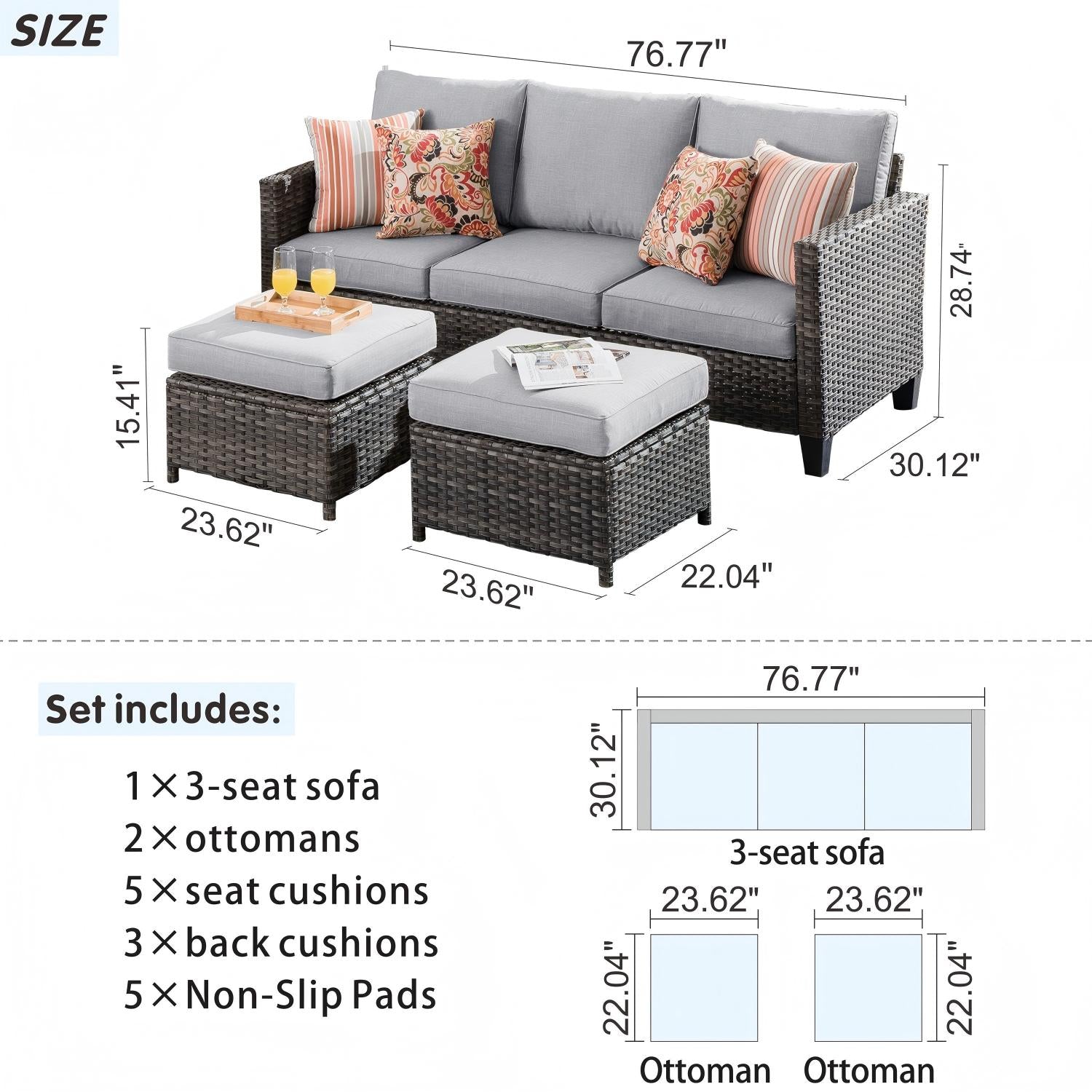 New Vultros Rattan Outdoor Sofa with Light Gray Cushions and Iron Frame