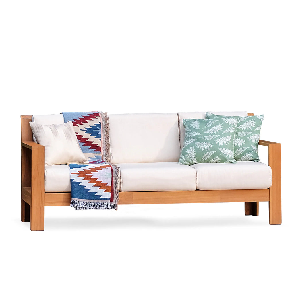Logan Outdoor Sofa with Tan Cushions and Teak Frame