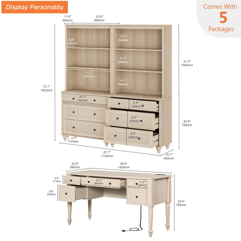2 Piece Office Set, 56" Executive Desk & Set of 2 Bookcases with Drawers, Beige