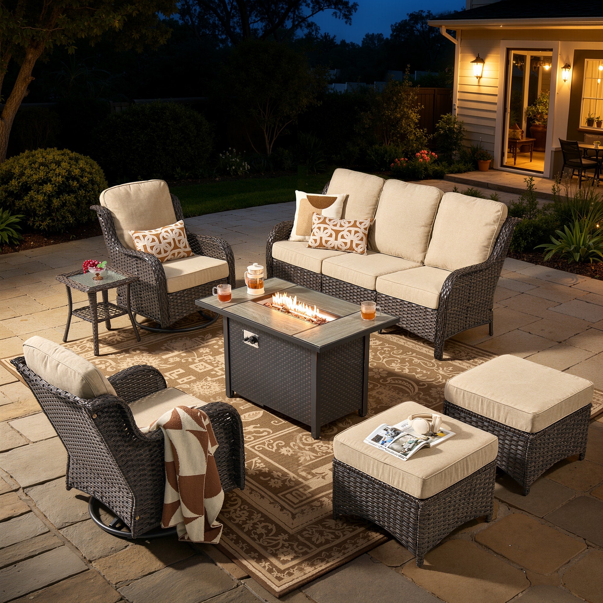 7 -Piece Wicker Patio Sofa Conversation Set with Gray Cushions