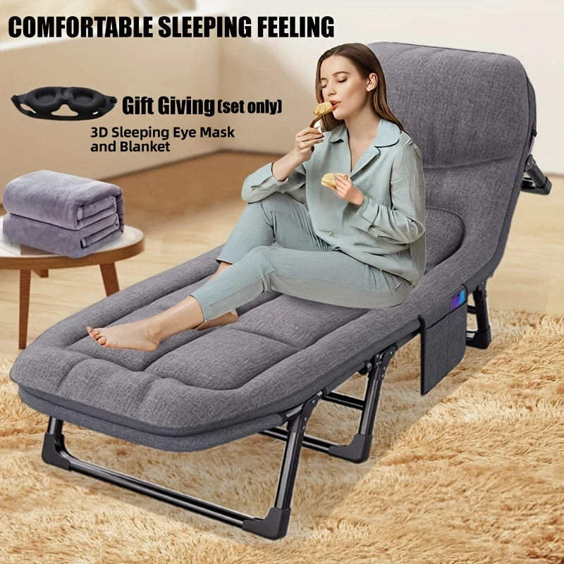 Heavy-Duty Adjustable Portable Folding Bed, Pillow & Blanket - 550 lbs Weight Capacity, Foldable Single Bed Frame