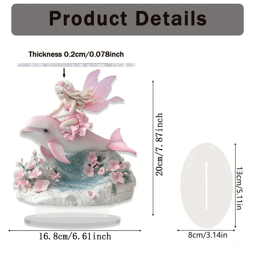 Pink Winged Fairy with Dolphin Statue Figurine Table Decor 2D Acrylic Plaque Whimsical Pink Fairy Figurines Bohe Home Decor Fairy Statues Tabletop Centerpiece Signs for Table Shelf Mantel Decorations