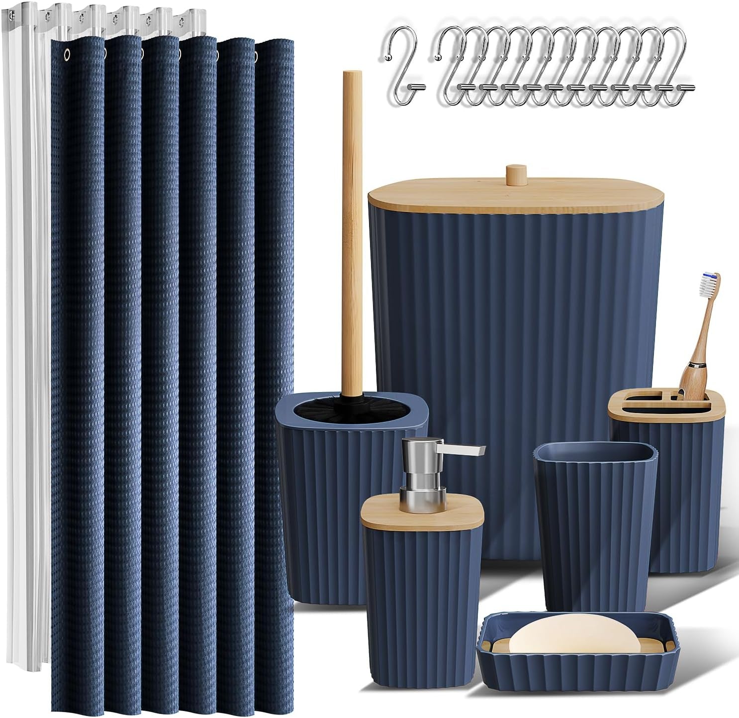 Bathroom Accessories Set - Bathroom Set, Bathroom Accessory Set, Shower Curtain Set, Toilet Brush, Trash Can & Soap Dispenser - Navy - 20PC
