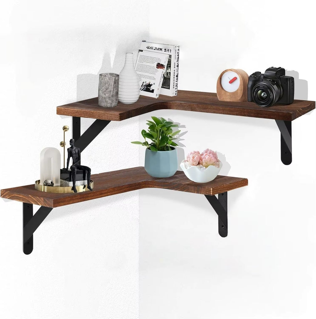 2 Tier L Style Display Shelf Wall Shelves Wood Flexible Design Wall Mounted Corner Floating Storage Shelves for Home Decor