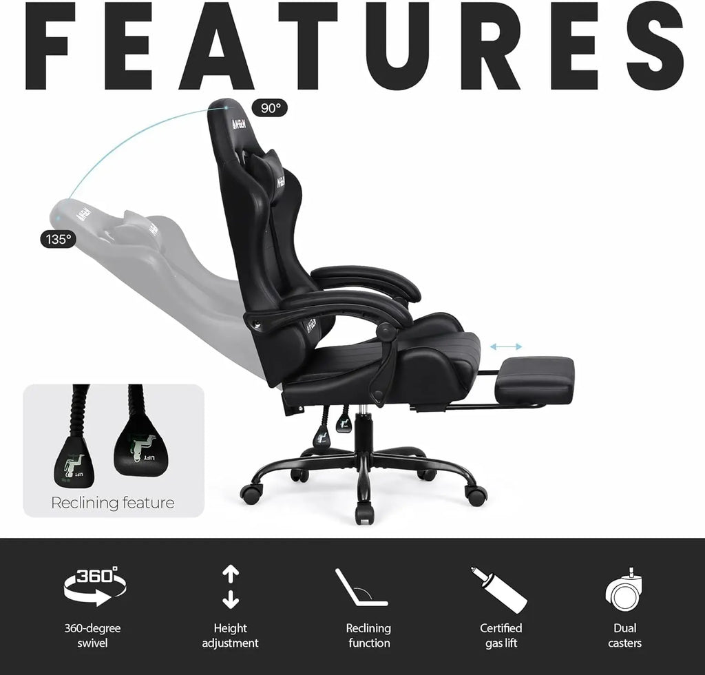 Gaming Chair with Footrest Lumbar Support for Home Office High Back Recliner Ergonomic Computer Desk Chair Carbon Black