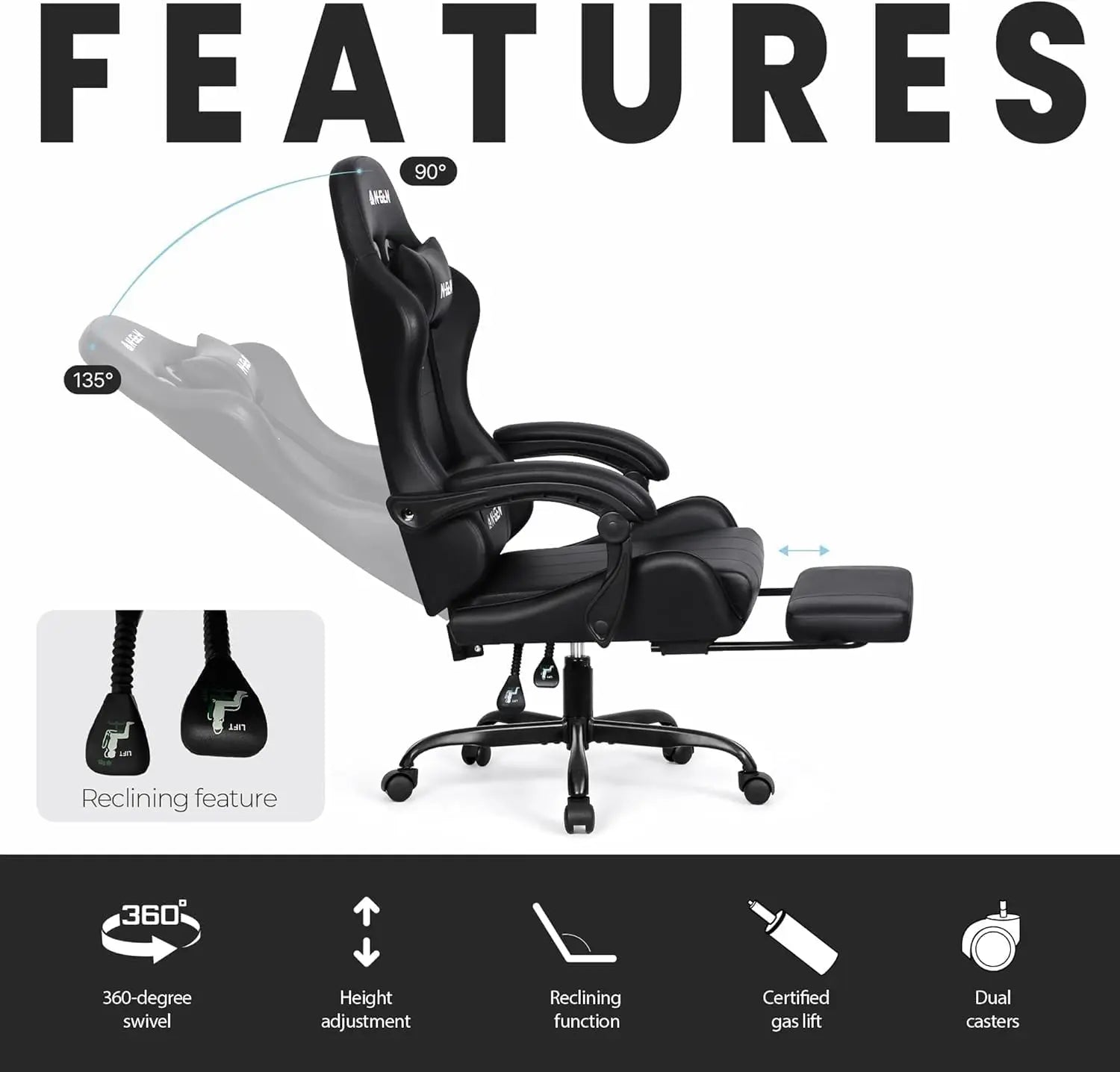 Gaming Chair with Footrest Lumbar Support for Home Office High Back Recliner Ergonomic Computer Desk Chair Carbon Black