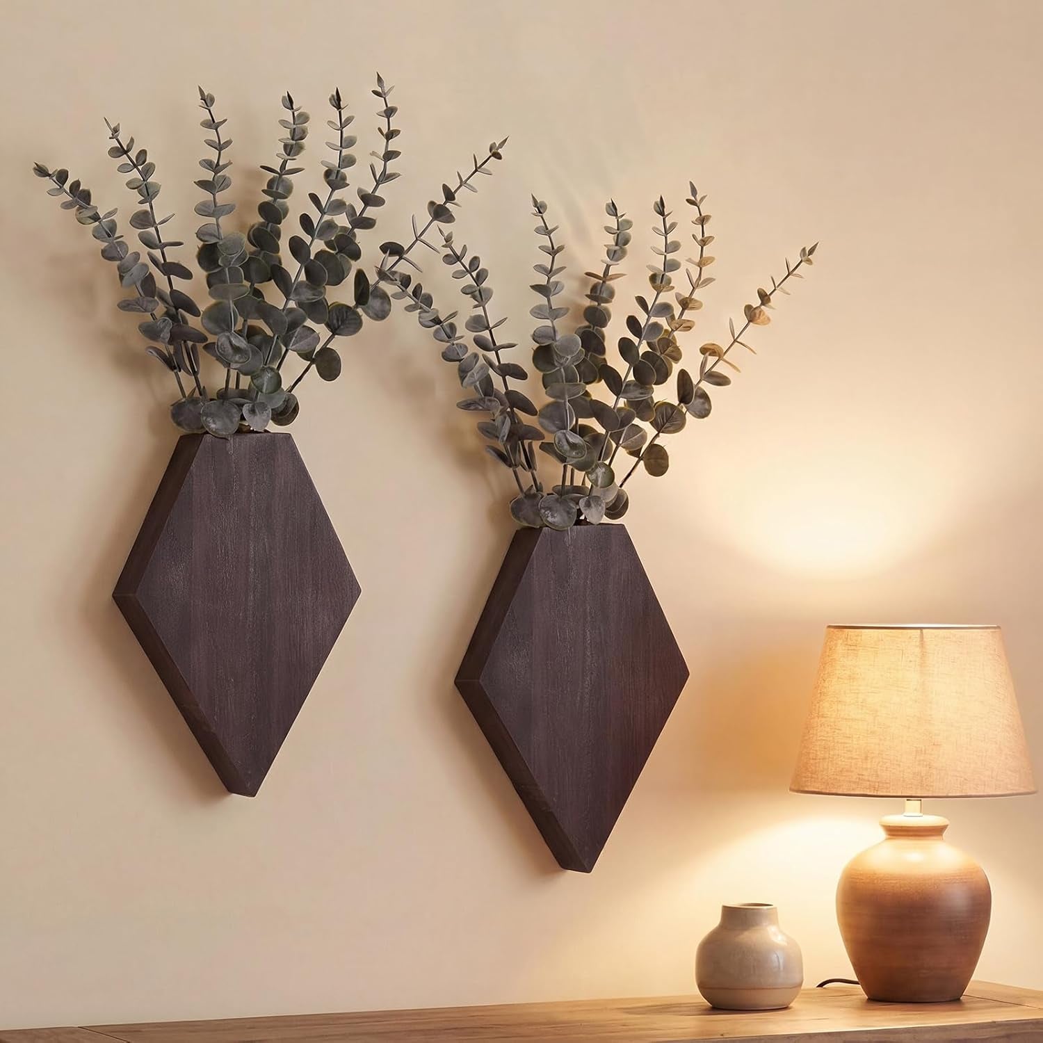 2 Pcs Wooden Wall Planter Decor Hanging Fake Plants Greenery Flowers Holder Vase Boxes for Wall Bohemian Farmhouse Room Kitchen Office Indoor Decoration(Brown,7.1 X 4.7 X 1.2 Inches)