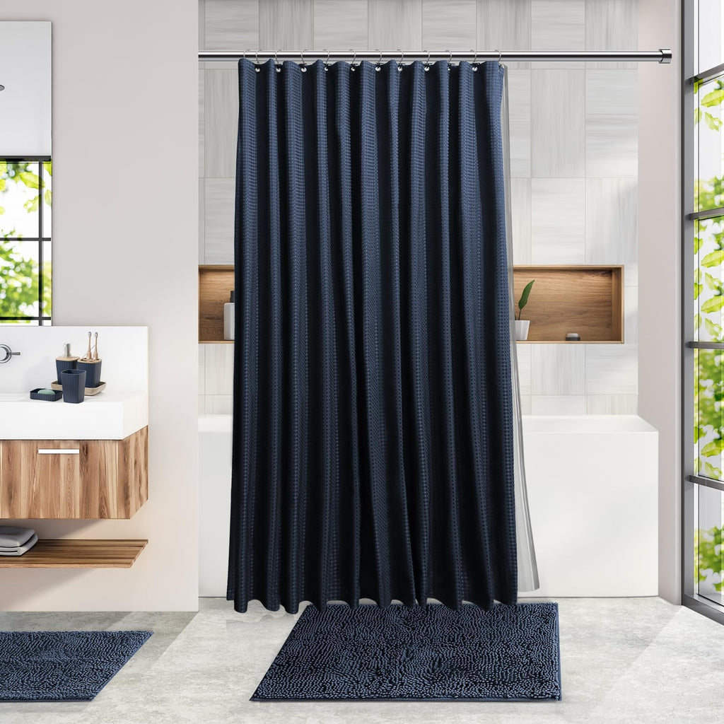 Bathroom Accessories Set - Bathroom Set, Bathroom Accessory Set, Shower Curtain Set, Toilet Brush, Trash Can & Soap Dispenser - Navy - 20PC