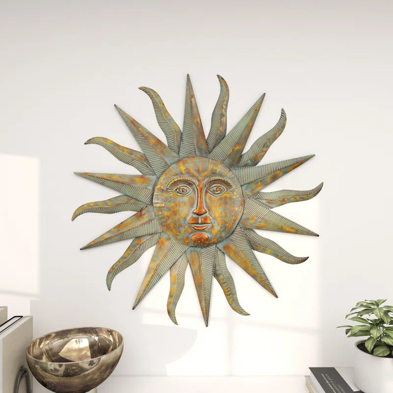 Elenna Gold Metal Indoor Outdoor Distressed Sunburst Wall Decor with Copper-Like Accents and Grooves