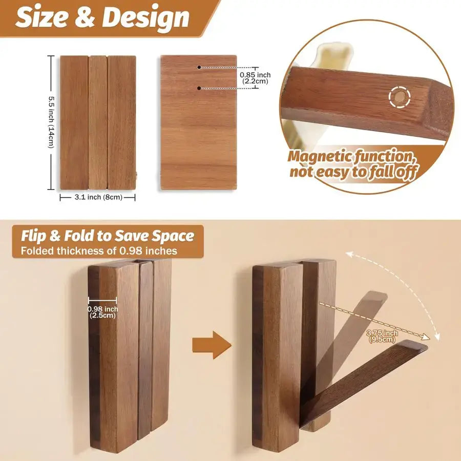 Foldable Bamboo Wall Hooks 4 Pack – Heavy Duty Space Saving Coat Rack