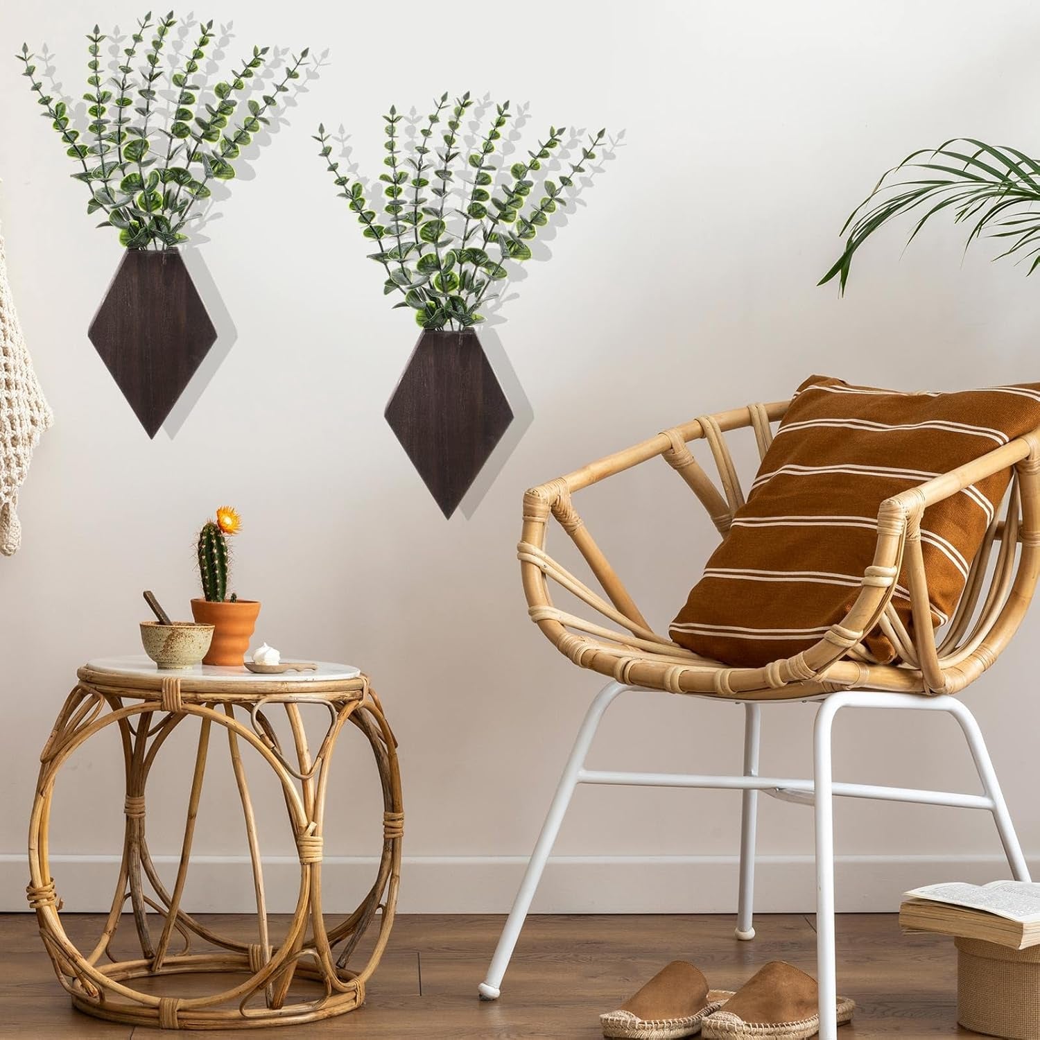 2 Pcs Wooden Wall Planter Decor Hanging Fake Plants Greenery Flowers Holder Vase Boxes for Wall Bohemian Farmhouse Room Kitchen Office Indoor Decoration(Brown,7.1 X 4.7 X 1.2 Inches)