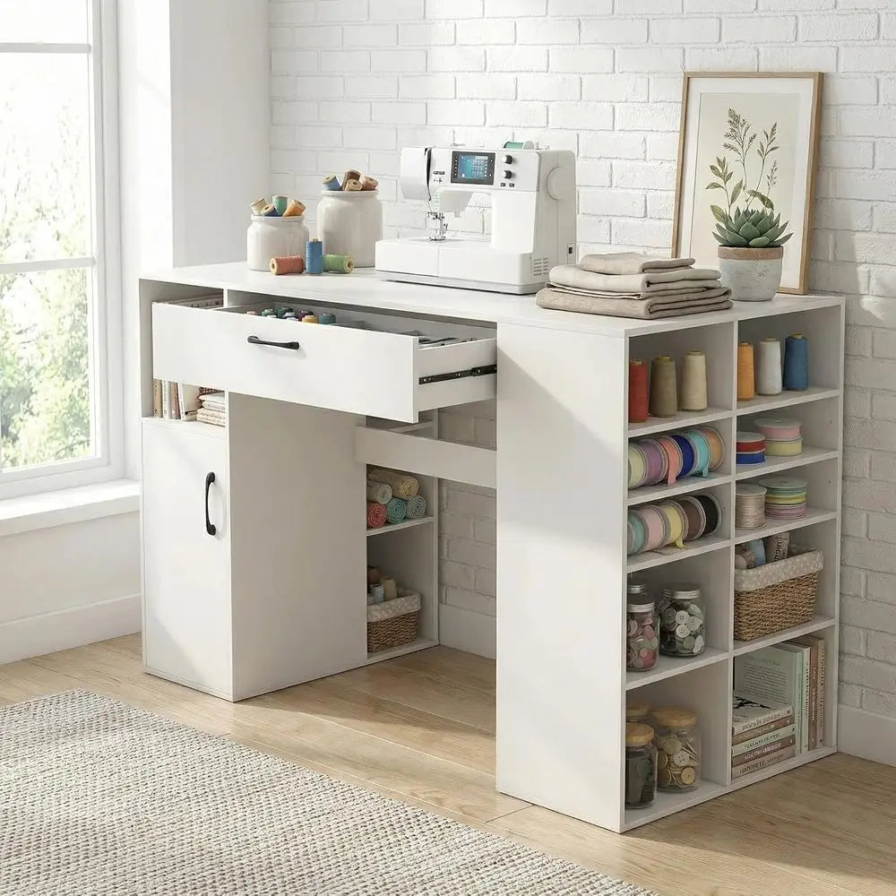 Adjustable Height Sewing Desk with Storage Cubes and Counter Height Writing Station for Home Office