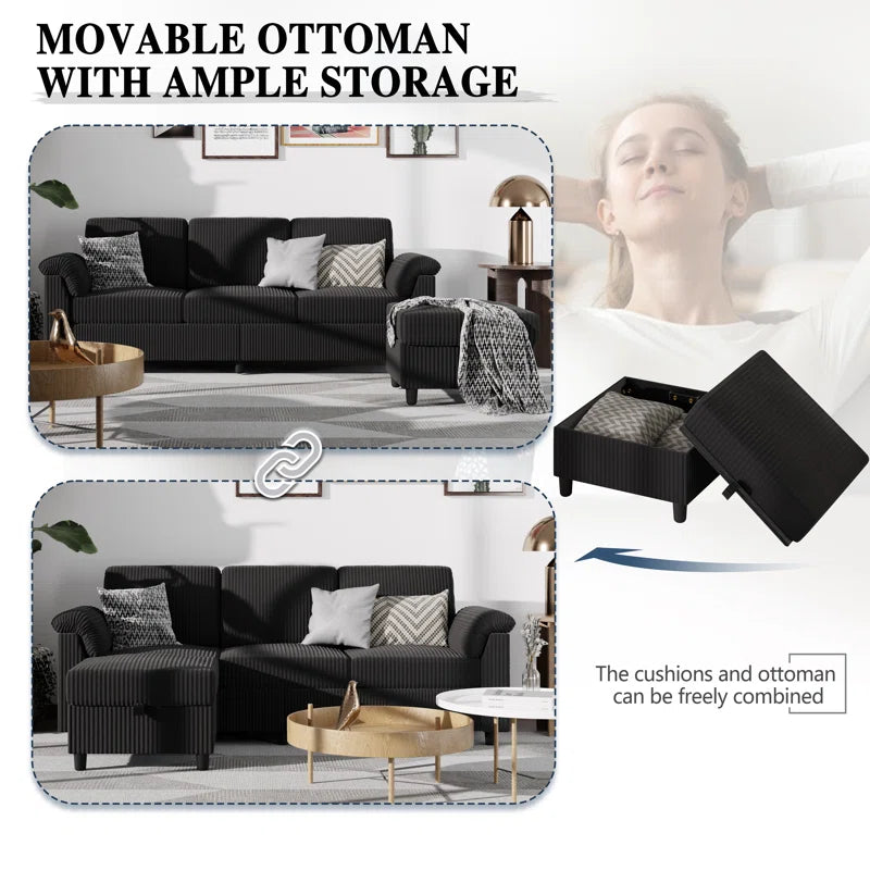 Modern L-Shaped Sofa with Ottoman – Soft Fabric, Compact Design for Living Room, Apartment, or Office, 79