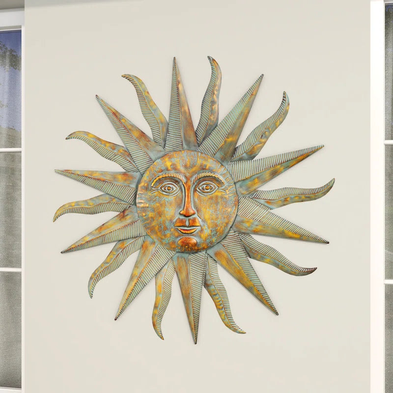 Elenna Gold Metal Indoor Outdoor Distressed Sunburst Wall Decor with Copper-Like Accents and Grooves