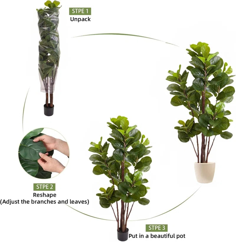 Artificial Fiddle Leaf Fig Tree - Realistic Leaf Faux Plant in Pot for Home & Office Decor