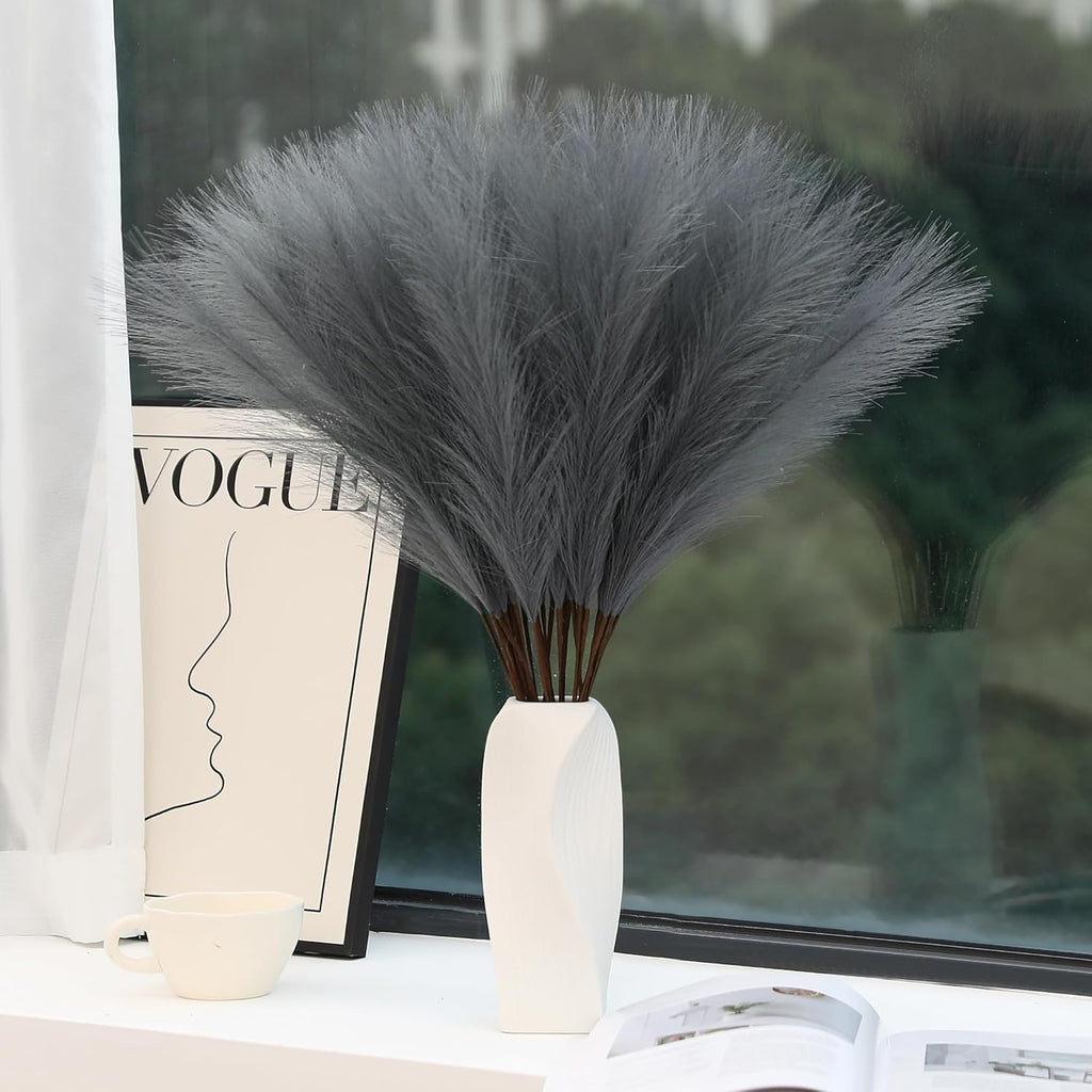 60Pcs Grey Pampas Grass Decor - 24 Inch Long Faux Pampas Grass Decor, Artificial Pampas Feather for Vase Filler, Wedding, Party, Office and Home Decor (Grey)