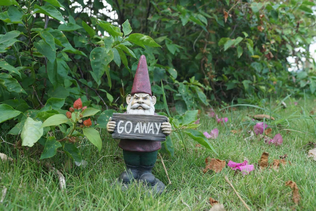 Gnome Holds Go Away Sign Statue